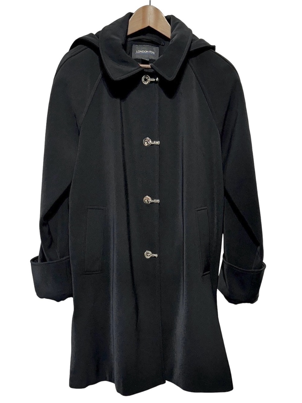 London Fog Black Hooded Swing Car Coat Toggle Closure Size L